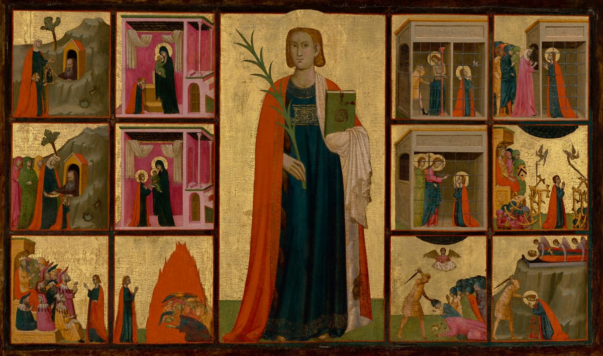 Saint Catherine of Alexandria and Twelve Scenes from Her Life by Donato d'Arezzo (1330) - Public Domain Catholic Painting