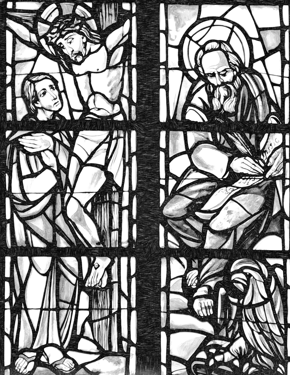 Crucifixion and Writing of the Gospel of John - Catholic Coloring Page