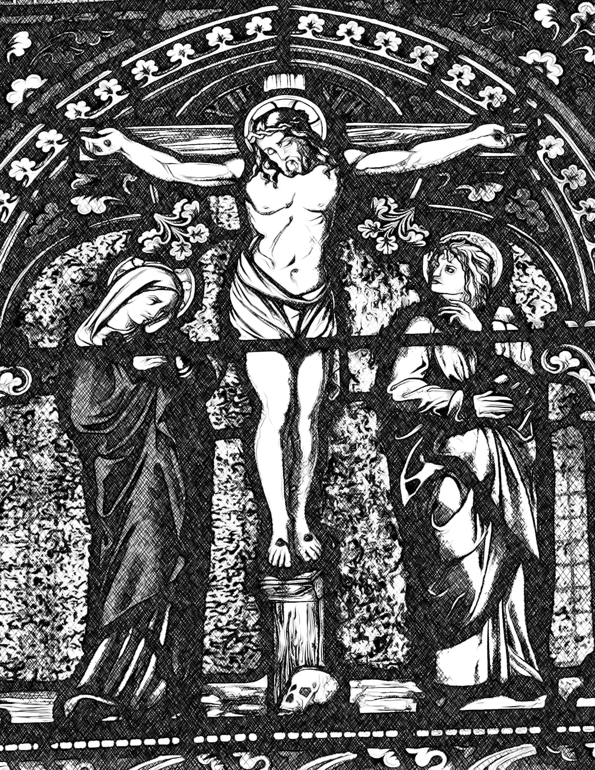 Crucifixion with the Virgin Mary and John the Apostle - Catholic Coloring Page