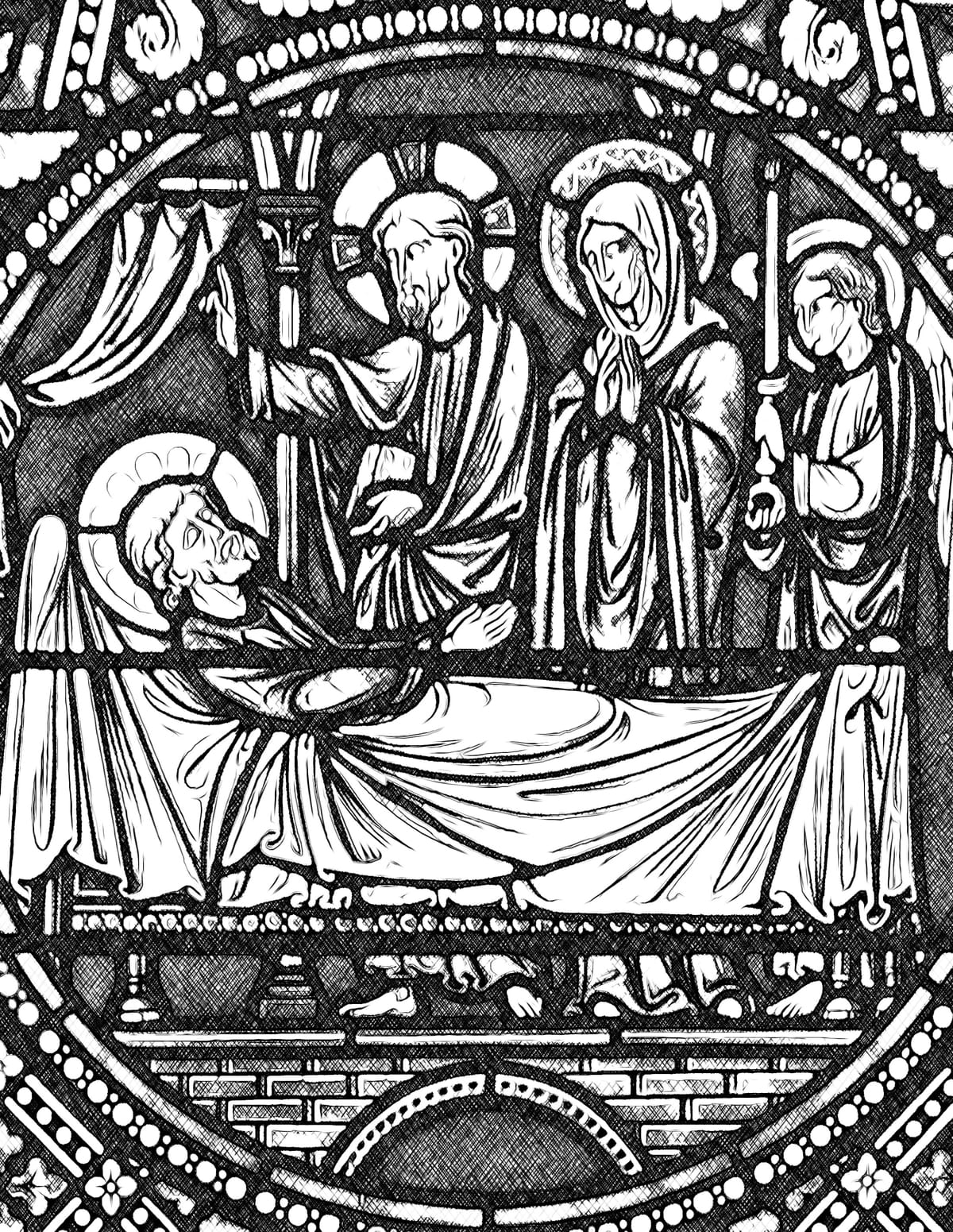 The Death of Saint Joseph with Jesus and the Virgin Mary - Catholic Coloring Page