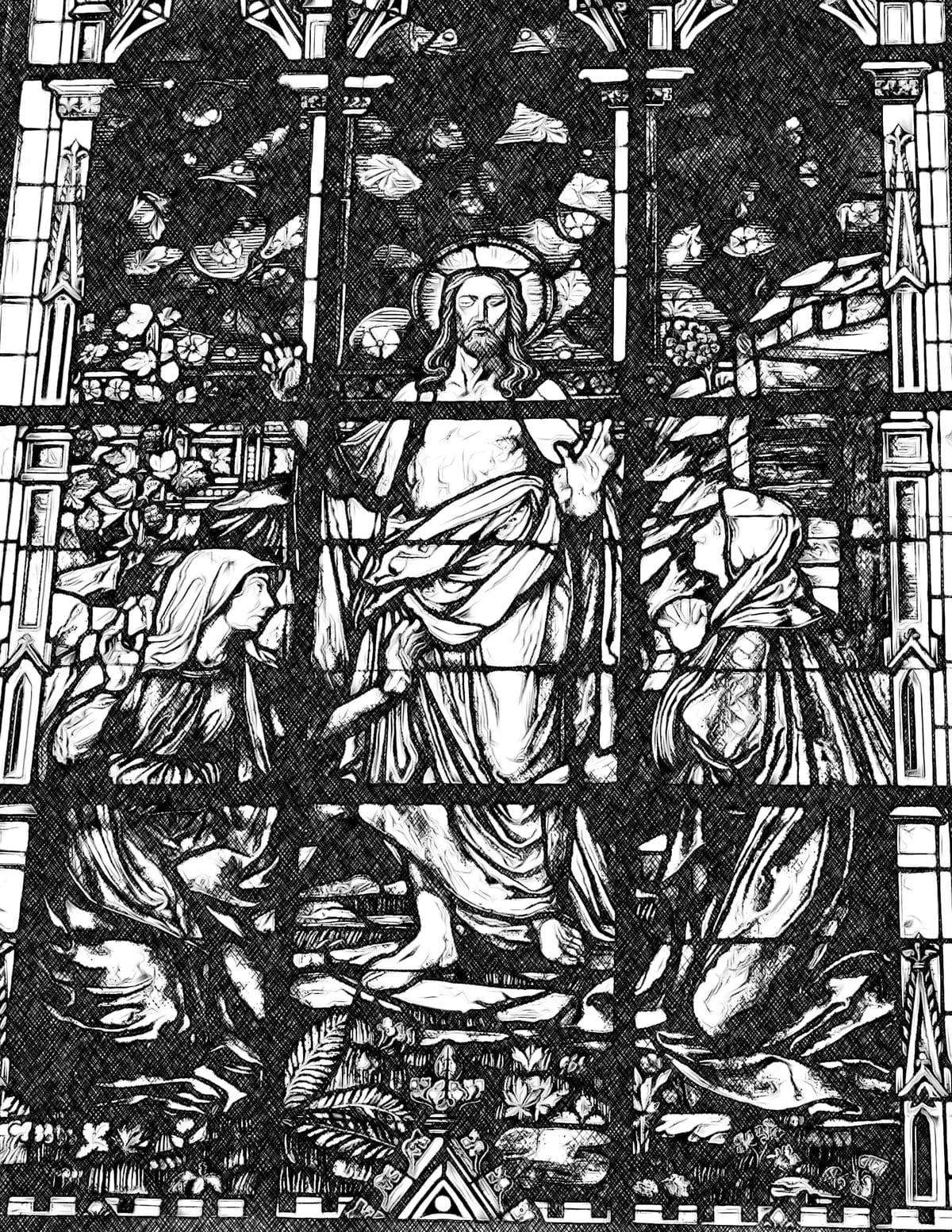 The Risen Christ with the Virgin Mary and Mary Magdalene - Bible Coloring Page