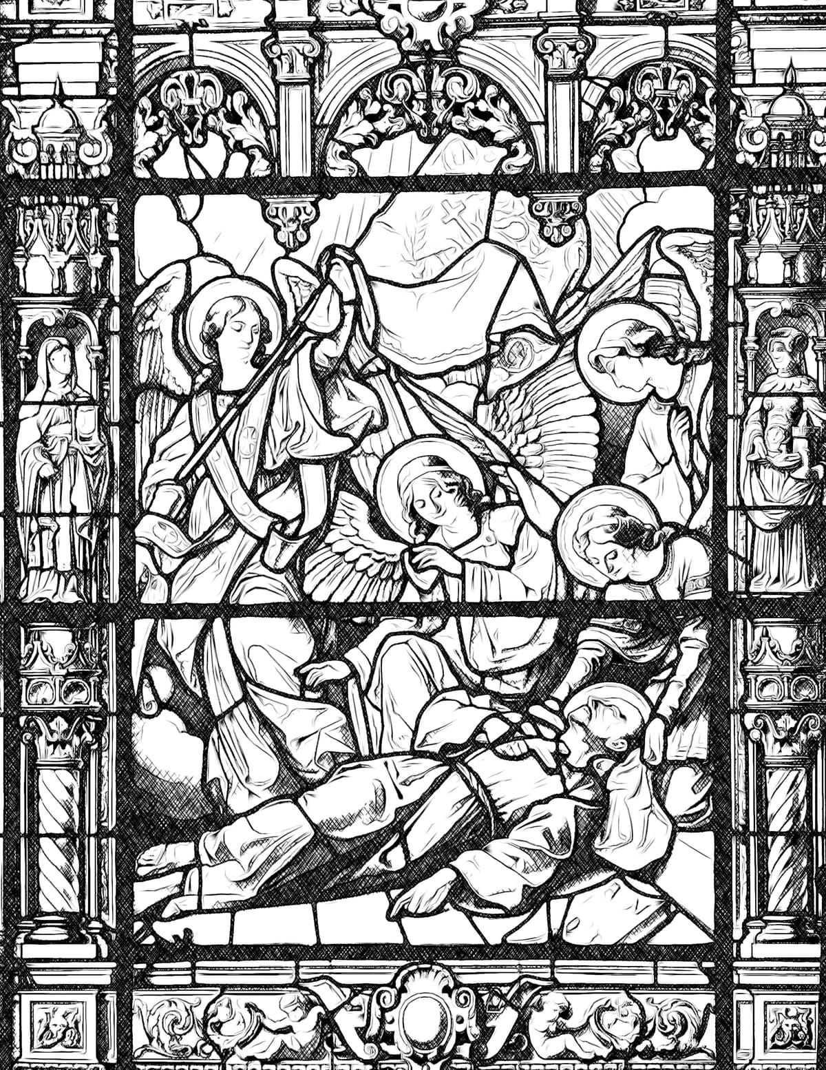 Angels with Dying Saint - Catholic Coloring Page