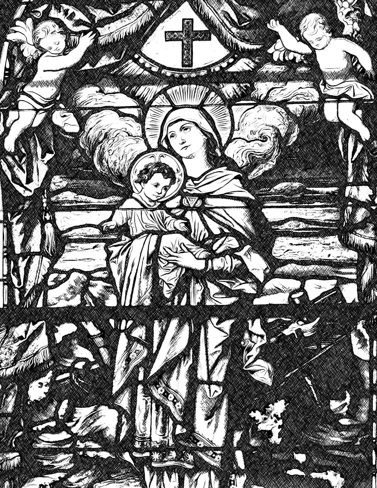 Madonna and Child Jesus with Angels - Catholic Coloring Page