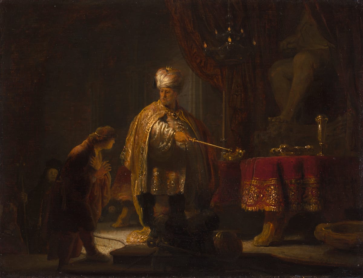 Daniel and Cyrus Before the Idol Bel (1633) by Rembrandt Harmensz. van Rijn - Public Domain Bible Painting