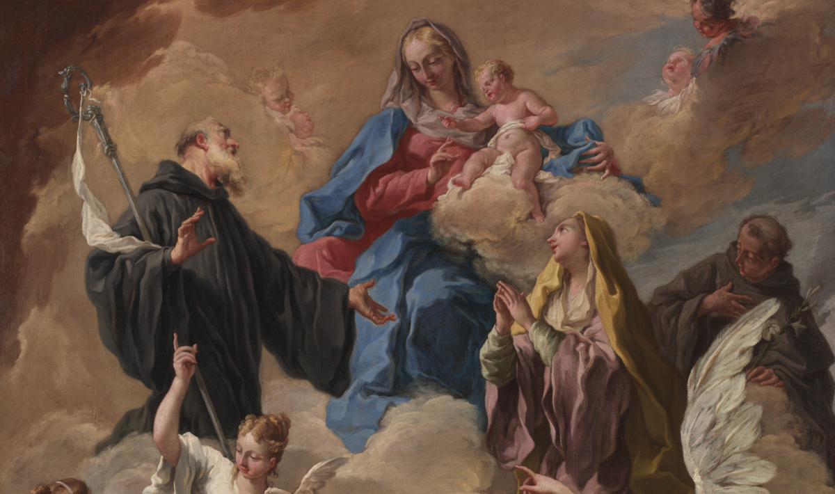 Saints Presenting a Devout Woman to the Virgin and Child (1720s) by Giovanni Battista Pittoni - Public Domain Catholic Painting