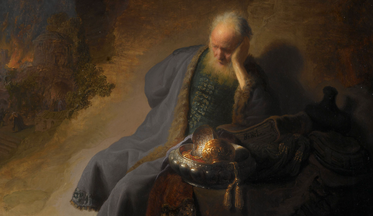 Jeremiah Lamenting the Destruction of Jerusalem (1630) by Rembrandt van Rijn - Public Domain Bible Painting