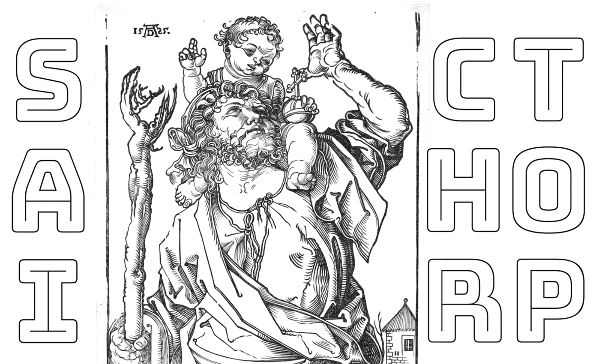 St. Christopher Crossing the Stream (1528) by Albrecht Dürer - Catholic Coloring Page