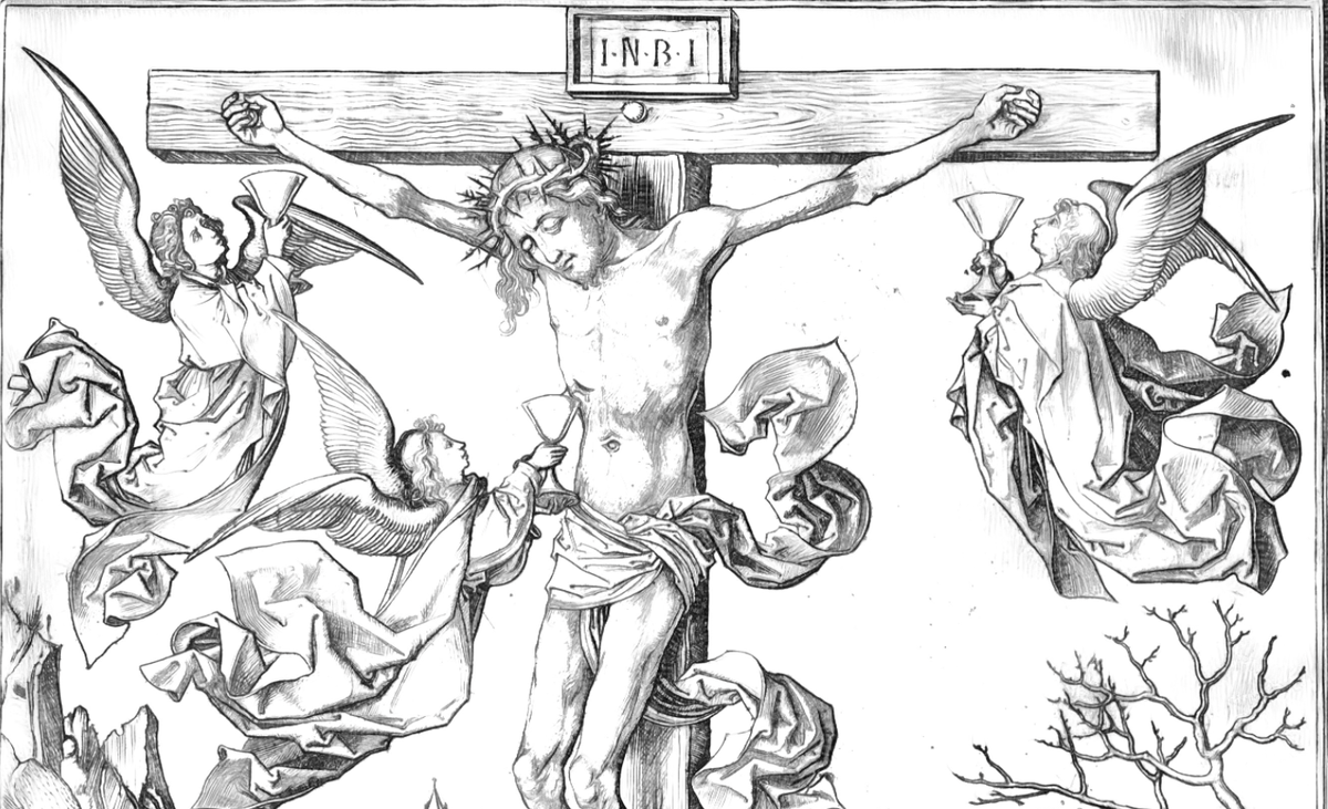 The Crucifixion with Four Angels (1475) by Martin Schongauer - Catholic Coloring Page
