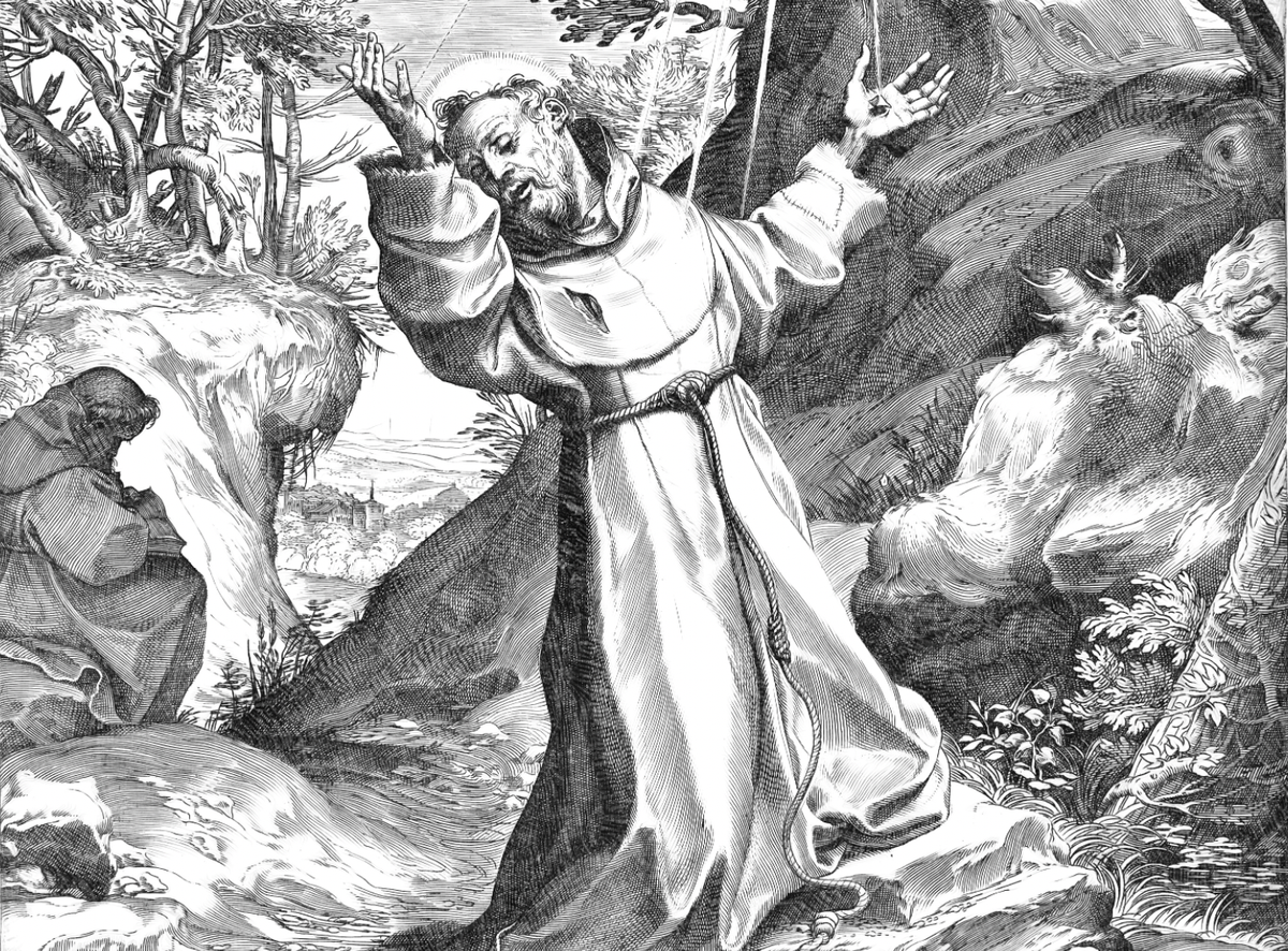 Saint Francis Receiving the Stigmata (1586) by Agostino Carracci - Catholic Coloring Page