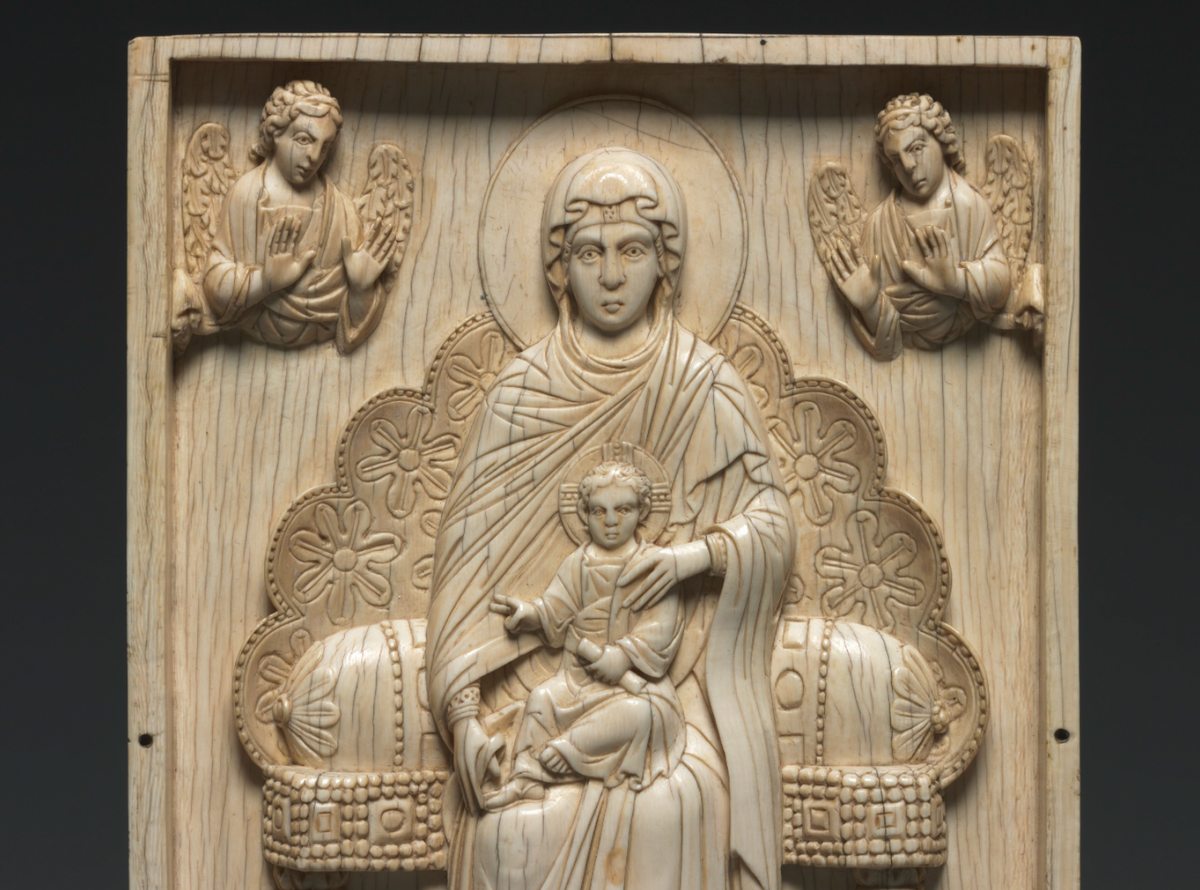 Ivory Plaque with Enthroned Mother of God "The Stroganoff Ivory" (950–1025, Byzantium) - Catholic Stock Photo