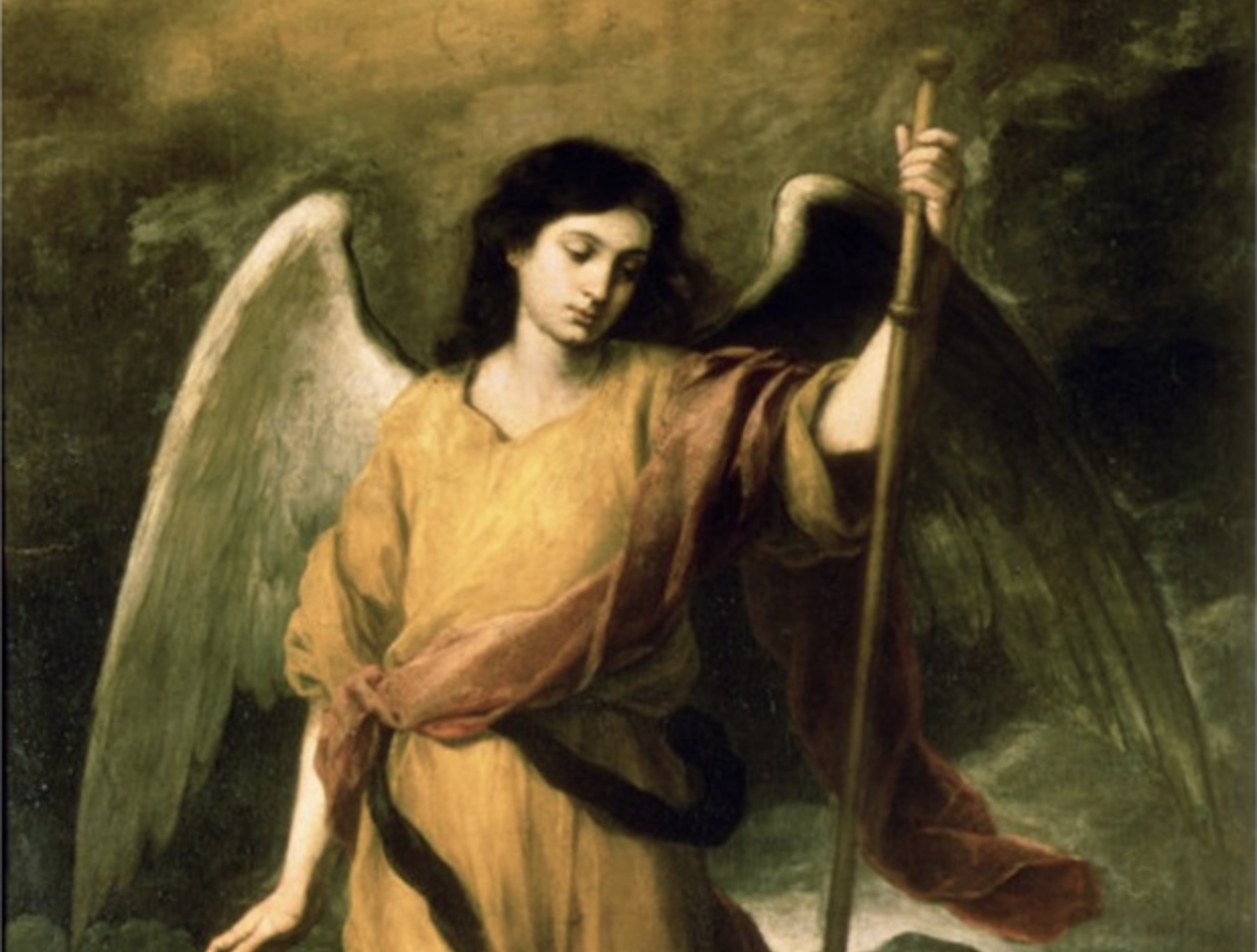 St. Raphael the Archangel with Bishop Domonte (1680) by Bartolomé Esteban Murillo - Public Domain Catholic Painting