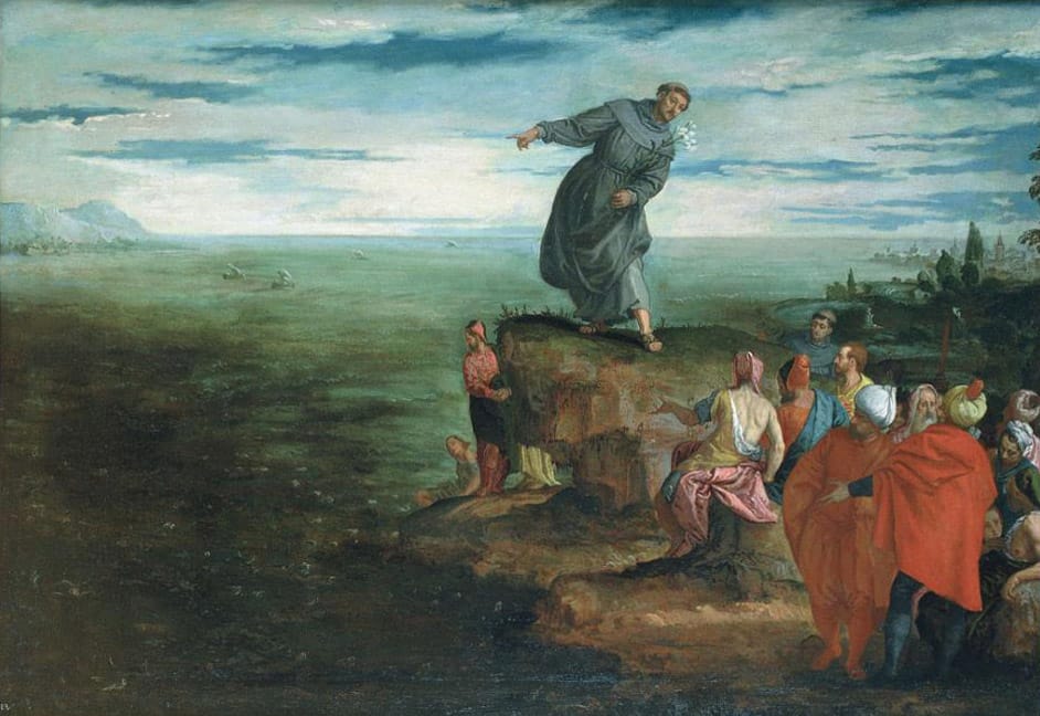 Saint Anthony Preaching to the Fish (1580–1585) by Paolo Veronese - Public Domain Catholic Painting