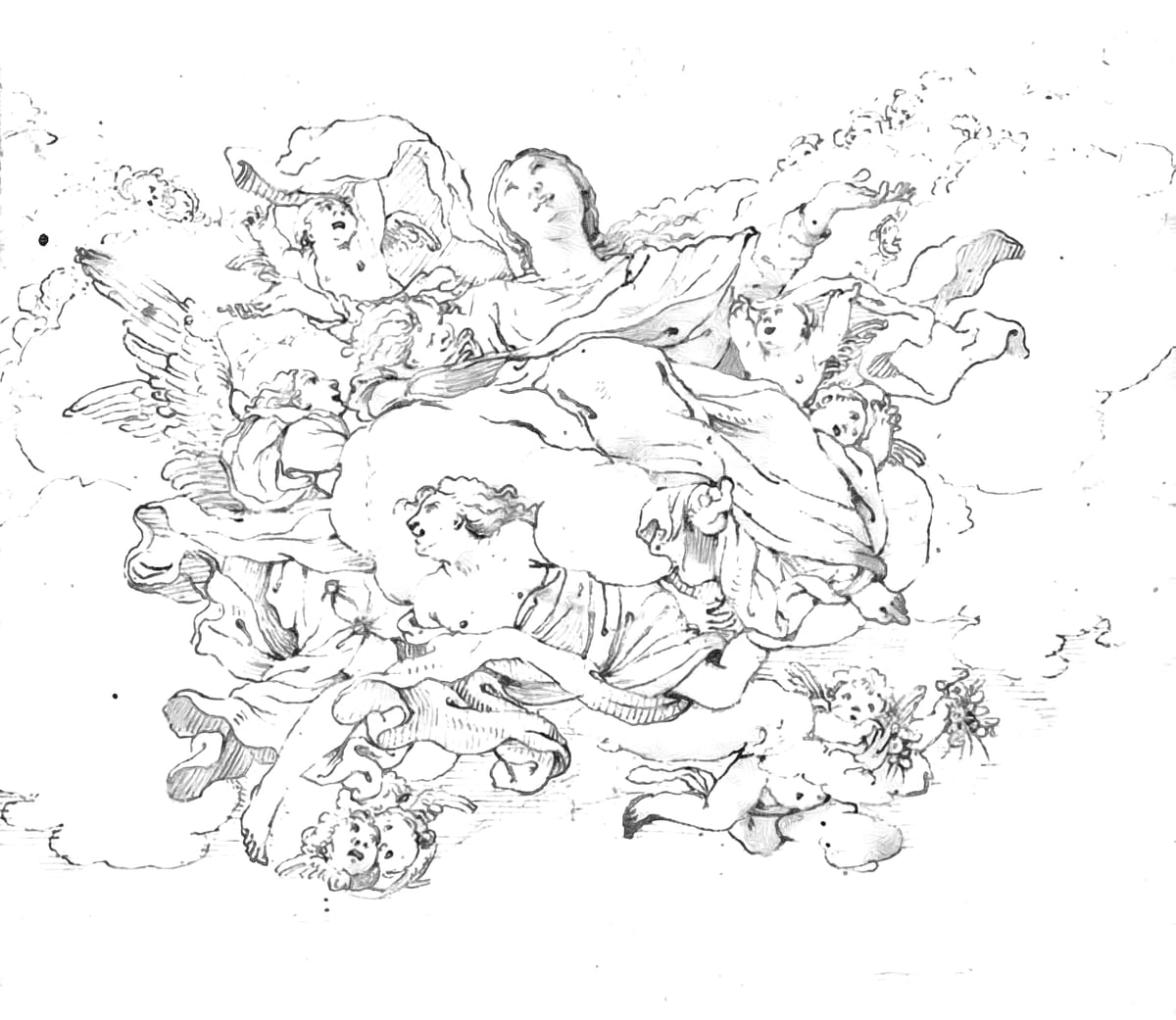 Virgin in Clouds, Supported by Angels (1489–1534) - Catholic Coloring Page