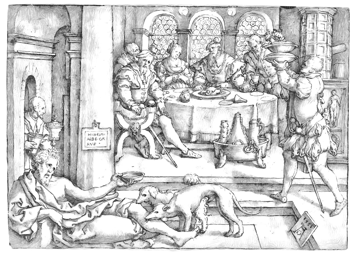 Lazarus Begging for Crumbs from Dives's Table (1552) - Bible Coloring Page