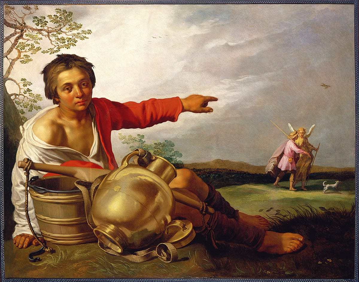 Shepherd Boy Pointing at Tobias and the Angel (1625–1630) by Abraham Bloemaert - Public Domain Bible Painting