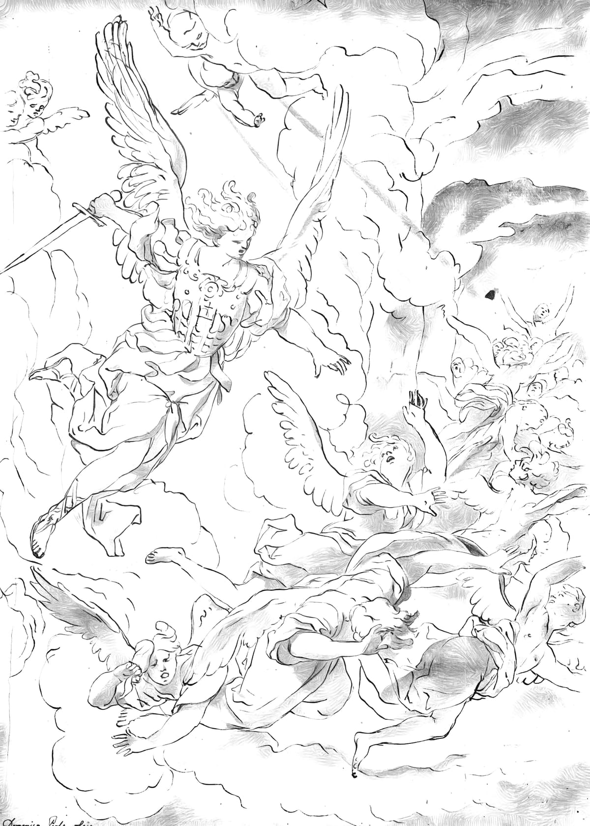 Fall of the Rebel Angels (17th century) by Domenico Piola - Catholic Coloring Page