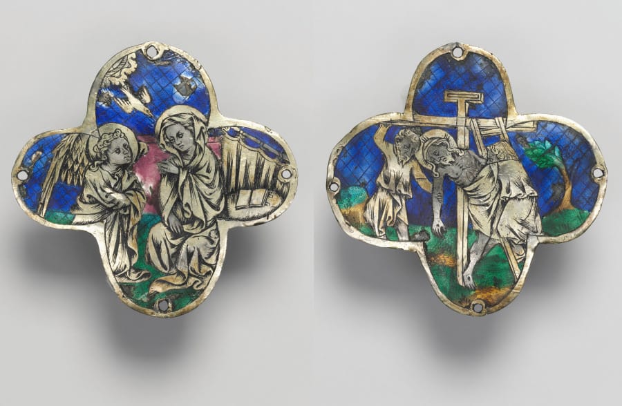 Quatrilobed Plaque (pair): The Annunciation and The Descent from the Cross (1350-1400, Spain) - Catholic Stock Photo