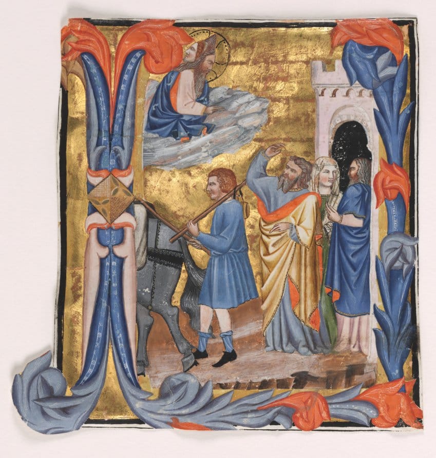 Cutting from a Gradual: Initial I with Departure of Tobias (1390) by "Master of Noah's Ark" - Public Domain Bible Painting