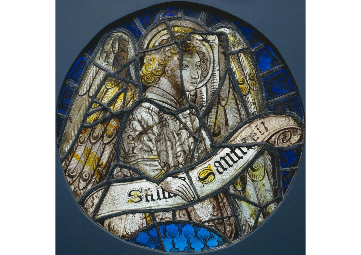 Stained Glass Roundel with an Angel Holding a Scroll (1425–1450) - Public Domain Catholic Painting