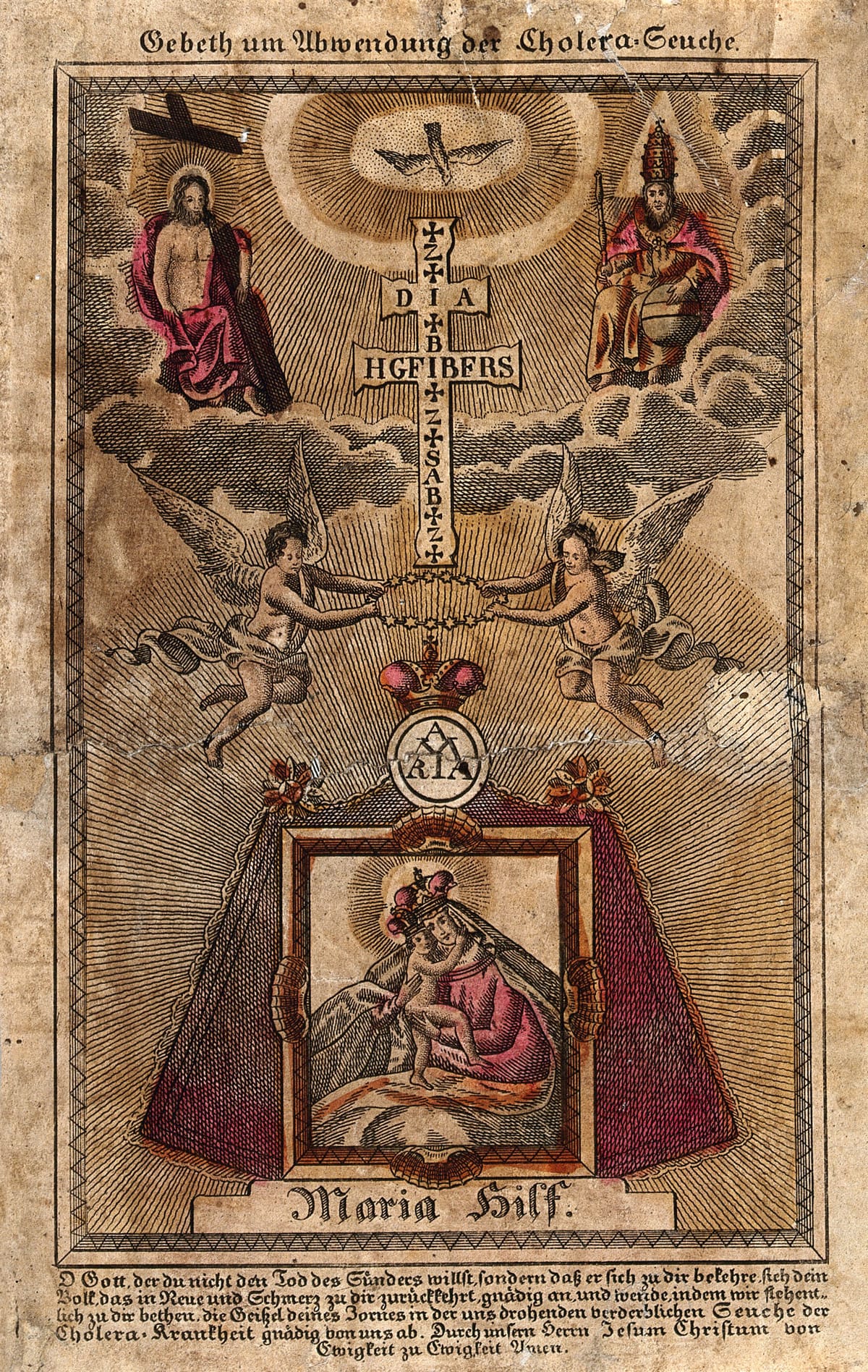 The Virgin of Succour as Intercessor against cholera; above an appearance of the Trinity and the Holy Cross. Coloured etching - Public Domain Catholic Painting