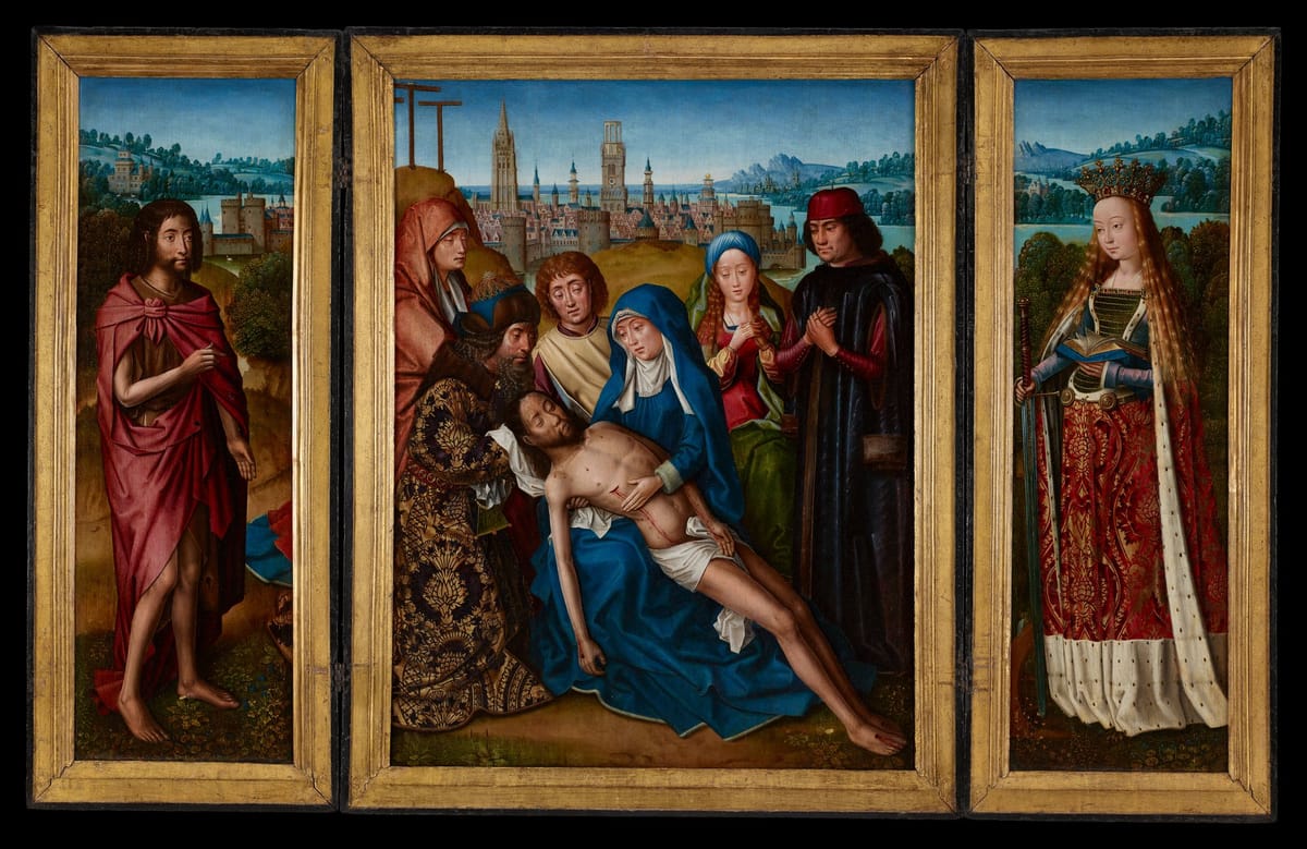 Lamentation with Saint John the Baptist and Saint Catherine of Alexandria (1493–1501) by Master of the Legend of Saint Lucy - Public Domain Catholic Painting