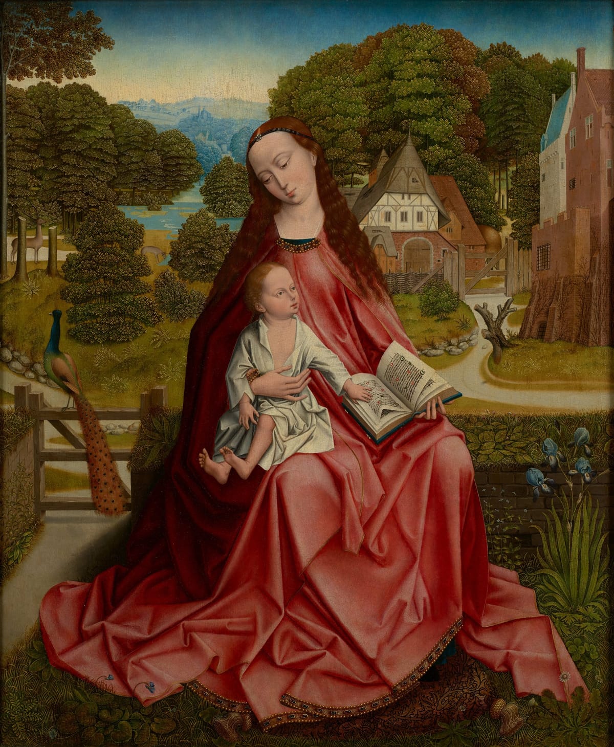 Virgin and Child in a Landscape (1492–98) by Possibly Master of the Madonna Grog; Possibly Aert van den Bossche; Formerly Master of the Embroidered Foliage - Public Domain Catholic Painting