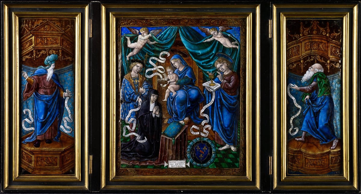 Triptych with the Madonna and Child with Louise de Bourbon, Saint Louis, Saint John, and Two Prophets (1538) by Pierre Reymond - Public Domain Catholic Painting