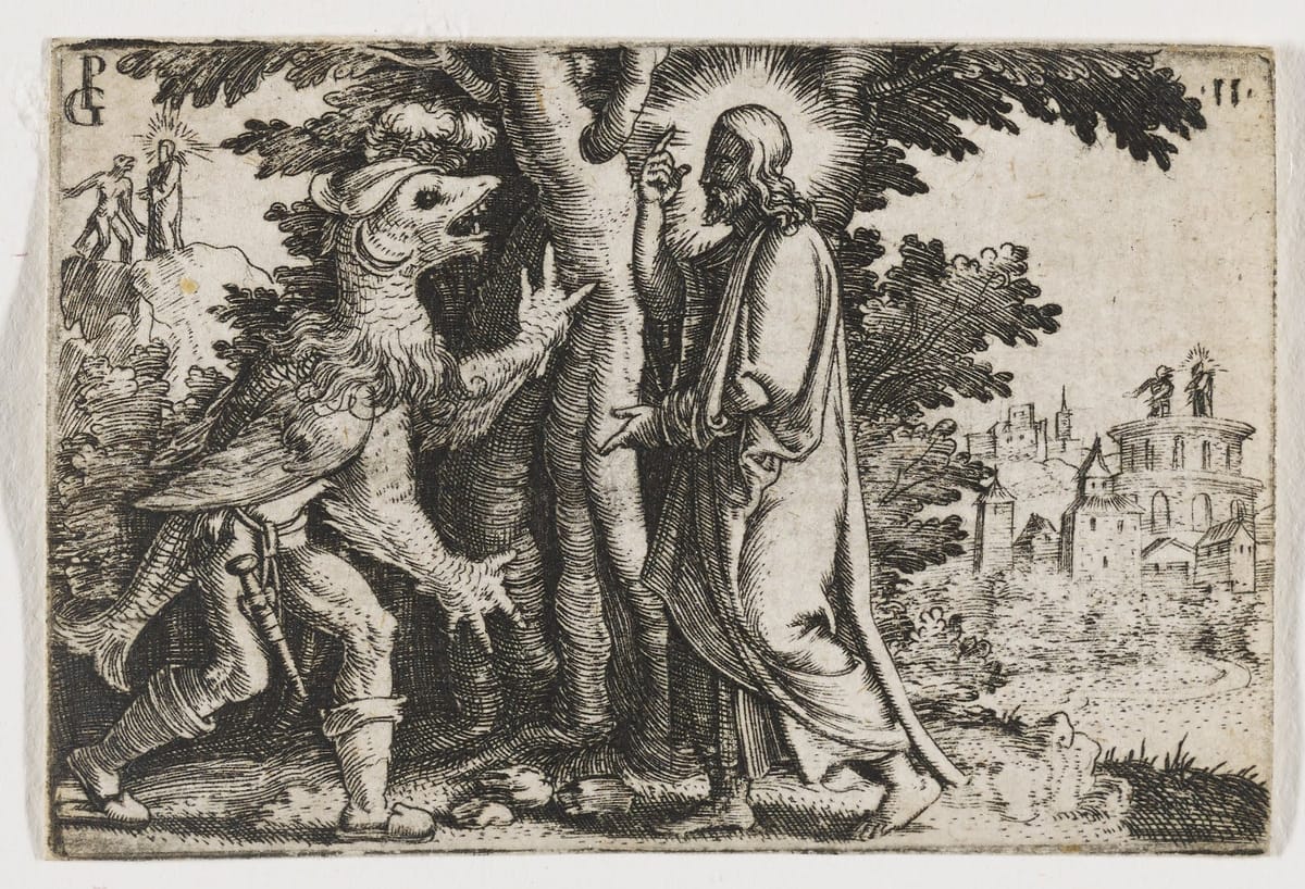 The Temptation of Christ, From the Life of Christ, Plate 11 (1534-35) by Georg Pencz - Public Domain Catholic Drawing