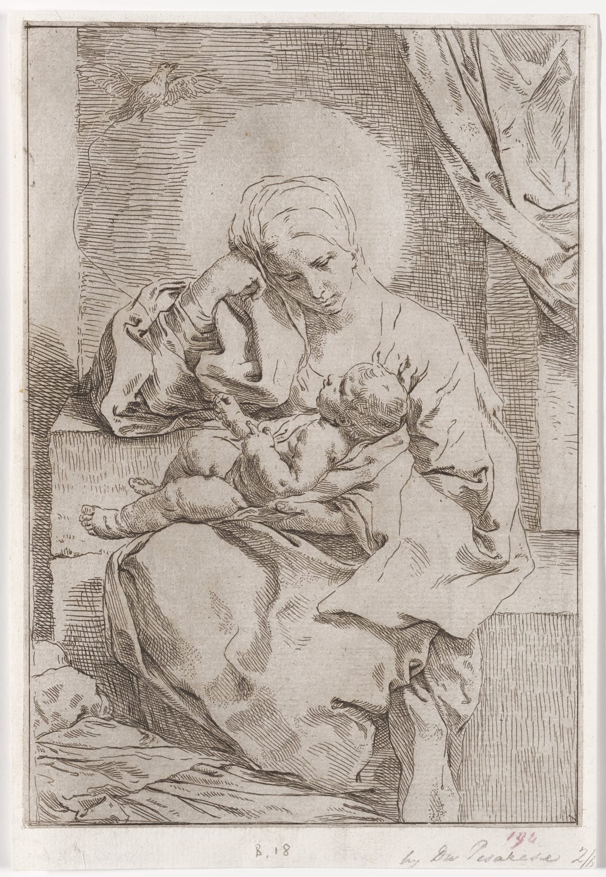 Madonna and child with the bird (17th century) by Simone Cantarini - Public Domain Catholic Drawing